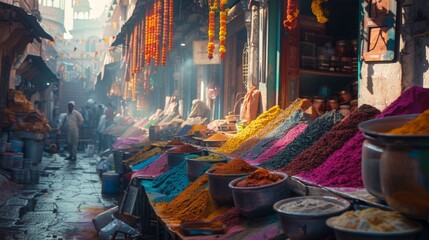 A spice market during Holi. The vibrant colors of the spices blend with the Holi colors to create a...