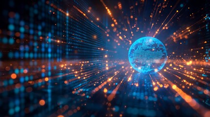 Digital Data Stream with Glowing Globe Center