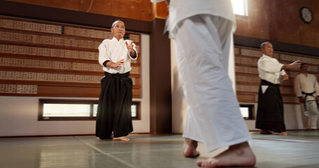 Japanese students, aikido or sensei in dojo to start practice lesson, discipline or teaching self...