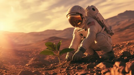 Fototapeta premium Astronaut planting a plant on the planet Mars. The concept of colonization of Mars. 