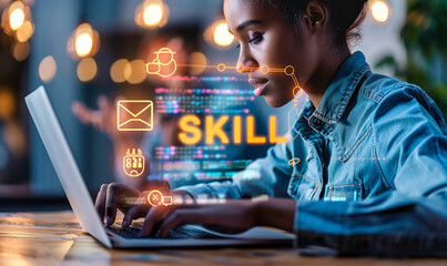 Professional worker updates skillset and knowledge by online resources, Skill text and icons displayed on a laptop, signifying continuous learning and career development in the digital age
