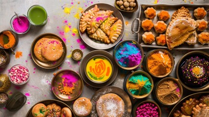 a table laden with traditional Holi delicacies. Include items like gujiya, malpua, thandai, and puran poli. Show the food in vibrant colors to reflect the spirit of Holi - obrazy, fototapety, plakaty