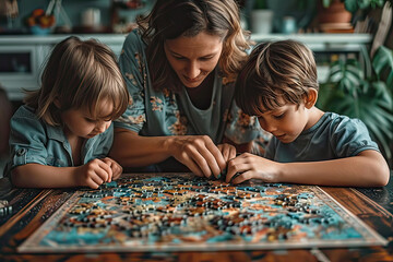 Mother and children playing with puzzle indoors at home. Generative AI.