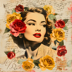 vintage woman, roses and letter collage
