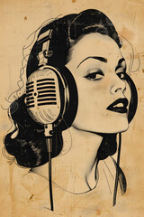 vintage woman wearing headphones - 779726189