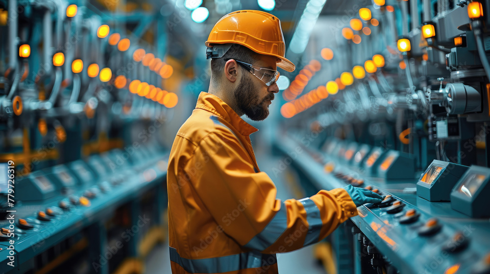 Poster Engineer working inside a bustling factory with essence of modern industrial automation. The factory floor is lined with various electrical panels and machines. Generative AI.