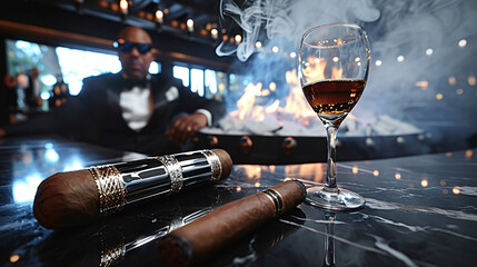 wealthy black man smoking habanos and drinking expensive whiskey, luxury lifestyle, millionaire, black and gold colors - obrazy, fototapety, plakaty
