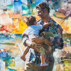 abstract collage artwork of dad holding his son in hands for fathers day celebration
