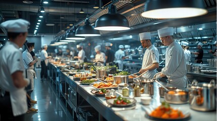 A bustling culinary academy kitchen with students preparing dishes at tables, surrounded by modern kitchen equipment, and instructors overseeing. Generative AI.