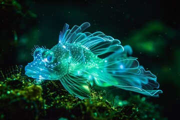 A fish emitting its own light in the darkness of the ocean