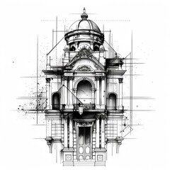 Architectural sketch of a building or structure rendered in linework tattoo design