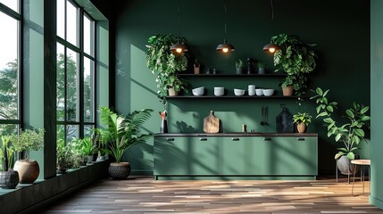 Let your inner chef shine in this kitchen, where dark green walls provide the perfect setting for culinary experimentation and creativity.