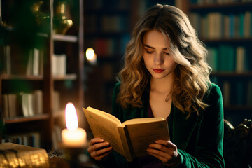 Created with generative AI photo of young charming girl preparing for an exam reading literature in library