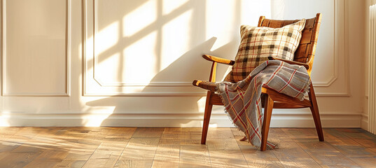 A wooden chair with a plaid pillow and blanket sits on the hardwood floor, adding a cozy feel to the room's interior.