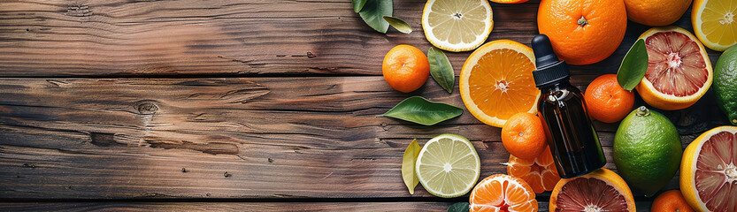A variety of citrus fruits including Valencian orange, ranpour, clementine and mandarin placed next to a bottle of essential oil on a wooden table. - obrazy, fototapety, plakaty