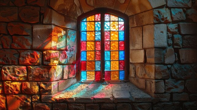 A stained-glass window casts a colorful glow on the stone wall.