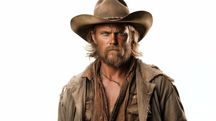 Fototapeta premium Portrait photograph of cowboy isolated on white background