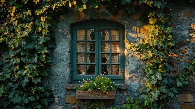 A small, arched window peeks out from the ivy-covered cottage.