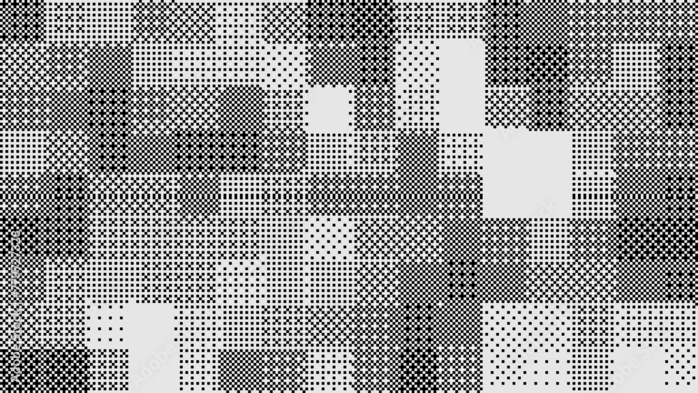 Poster Halftone Pixel Dithering Square Tiles Pattern. Vintage 1-bit Game Background. Vector Illustration. Pixel Halftone Bitmap Raster Effect. Random Tiles Generative Art.
