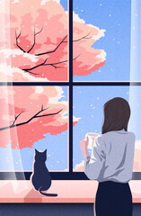 Young woman is standing by the window drinking coffee. Spring landscape outside. Blue sky with beautiful cherry blossom tree. Thinking, meditating concept. Hand drawn style vector design illustration. - 779727348