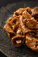 View of a plate of shebaquia, typical sweet of the month of Ramadan in Morocco