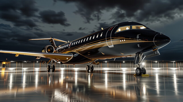 high-end luxury and expensive black and gold private jet at night, billionaire lifestyle