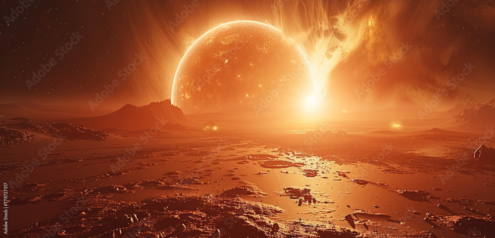Poster mars landscape in the foreground, futuristic style, red and orange colors. generative ai.