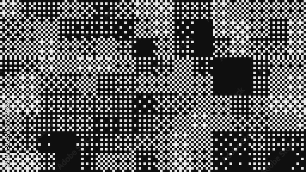 Poster Halftone Pixel Dithering Square Tiles Pattern. Vintage 1-bit Game Background. Vector Illustration. Pixel Halftone Bitmap Raster Effect. Random Tiles Generative Art.