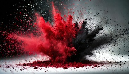 Abstract explosion of red and black charcoal powder, isolated splatter on white background.