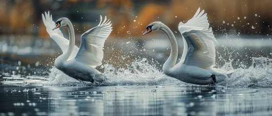 Foto op Plexiglas Vibrant scene of only two beautiful pure white swans are powerfully running on the very clean mirror like surface of lake before take off. The water splash left behind them. Generative AI. © visoot