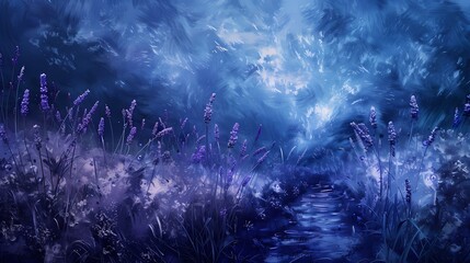 Lavender plumes drifting through a surreal dreamscape painted in shades of midnight blue.
