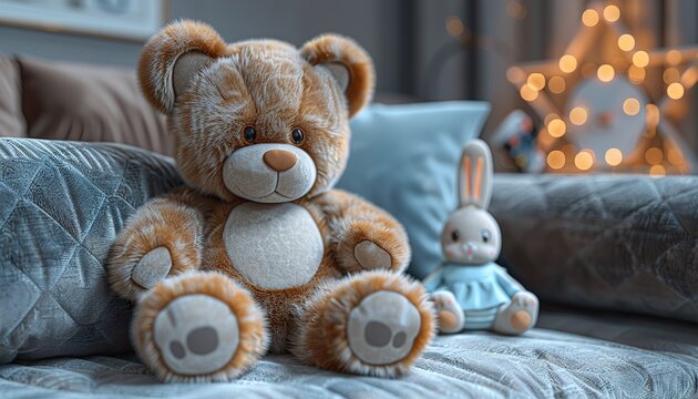 Teddy bear and rabbit doll in the children's room on wall background.
