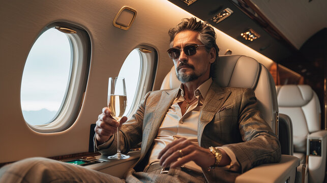 millionaire or billionaire middle-aged businessman in a private jet, expensive exclusive lifestyle, champagne glass, wealthy