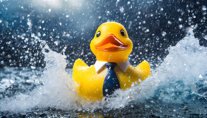 Yellow Rubber Duck Wearing Tie in Water. Generative AI - obrazy, fototapety, plakaty