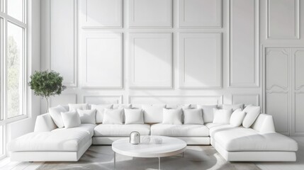 a wall with blank white portrait frames and modern white color interior design and furniture