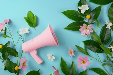 A pink megaphone surrounded by fresh flowers and leaves on a bright turquoise background. Creative...