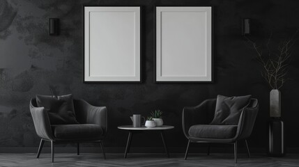 a wall with blank white portrait frames and modern black color interior design and furniture