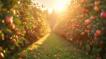A serene shot of an apple tree orchard with neat rows of trees. AI generate illustration - obrazy, fototapety, plakaty