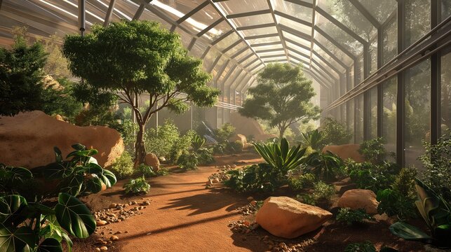Greenhouse with plants and trees on the planet Mars. The concept of colonization of Mars	
