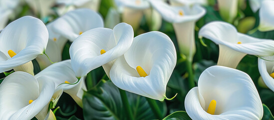 A beautiful arrangement of white Zantedeschia aethiopica flowers with large petals and bright yellow spars in the center.