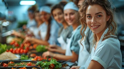 A healthcare team attending a cooking class together, learning new recipes and techniques for healthy meals. Generative AI.