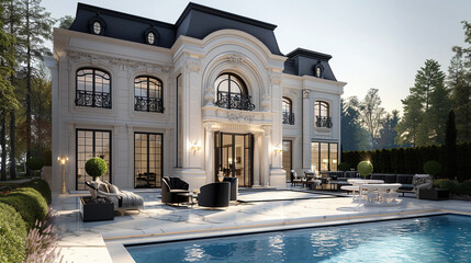 high-end luxury expensive classic new money villa or mansion with pool, wealthy lifestyle - obrazy, fototapety, plakaty
