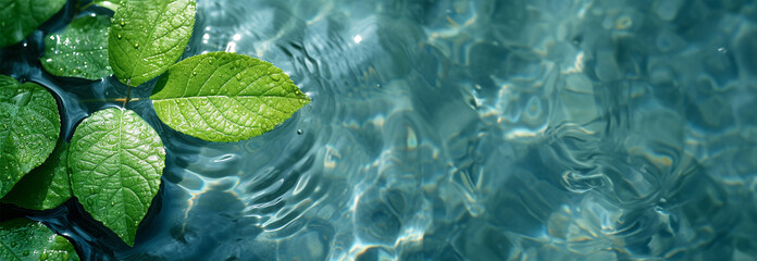 Small leaves of Ficus Benjamin lie on rippled transparent fresh green blue calm water gel with flecks, waves, shadow. Concentric expanding. green mint leaf - obrazy, fototapety, plakaty