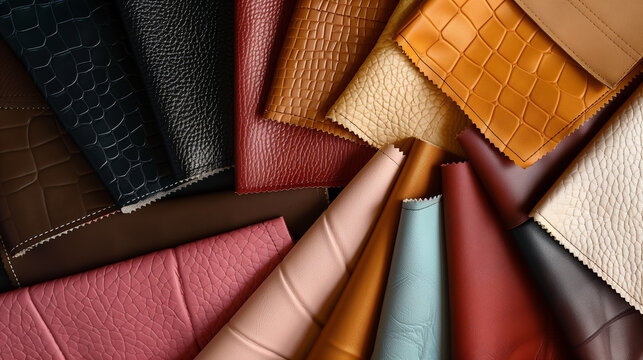 Luxury Synthetic Leather Samples Fabric Swatches Various Colors and Textures, Top View