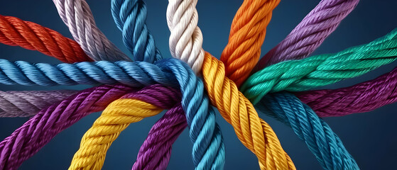 Strong diverse network rope team concept integrate braid color background cooperation empower power - obrazy, fototapety, plakaty