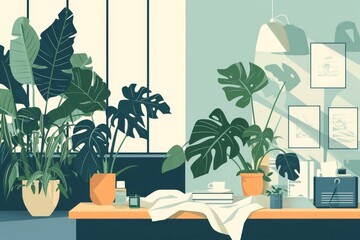 Illustration of lounge area near the pool with plants. Minimalistic background with monsteras, palm trees, sun lounger. Urban jungle, relaxation, summer, rest, weekends, space greening, indoor pool. - 779729147