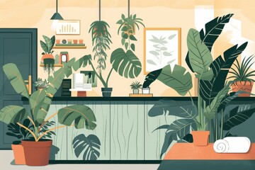 Illustration of lounge area near the pool with plants. Minimalistic background with monsteras, palm trees, sun lounger. Urban jungle, relaxation, summer, rest, weekends, space greening, indoor pool. - 779729169