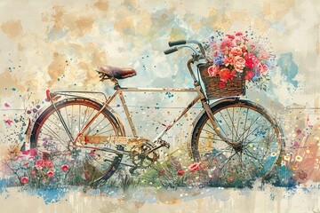 Fototapeta na wymiar Vintage feel bicycle, flowers in basket, watercolor with ink outlines, 6K, nostalgic and artistic