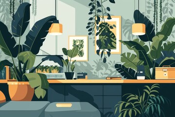 Minimalist illustration of hall, living room, or reception area with greenery, indoor plants in flat style. Concept of space greening, lots of indoor plants, flowers in pots. Monsters, palms, ficus.