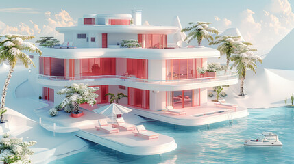 Isometric, Red and white three-story resort hotel. Generative AI. - obrazy, fototapety, plakaty